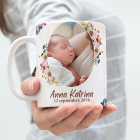 Mug avec photo date et prénom personnalisable pour l'annonce d'une naissance