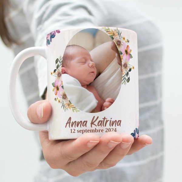 Mug avec photo date et prénom personnalisable pour l'annonce d'une naissance