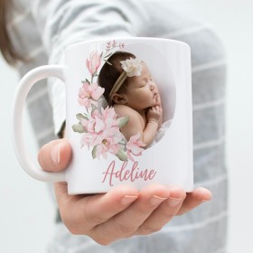 Mug Personnalisé avec le prénom et la photo de votre galerie avec Motif Floral et Portrait
