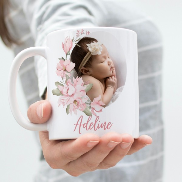 Mug Personnalisé avec le prénom et la photo de votre galerie avec Motif Floral et Portrait